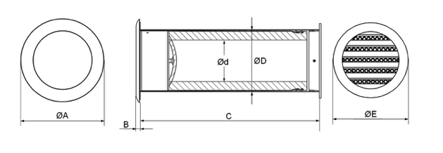 Väggventil med ljudisolering, metall (kit)