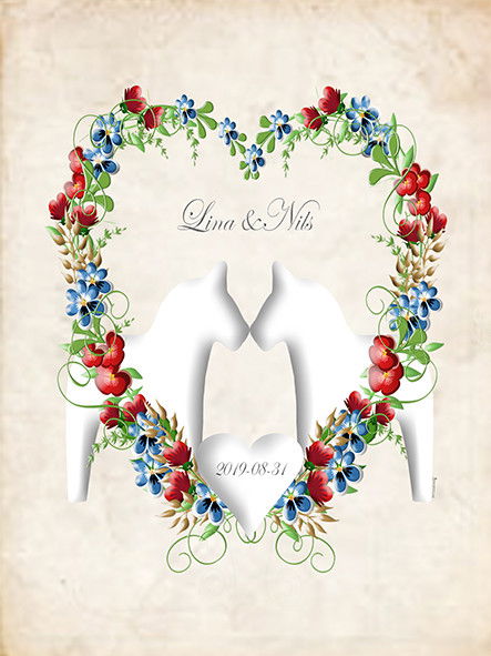 Bröllopstavla - Dalahästar med hjärta