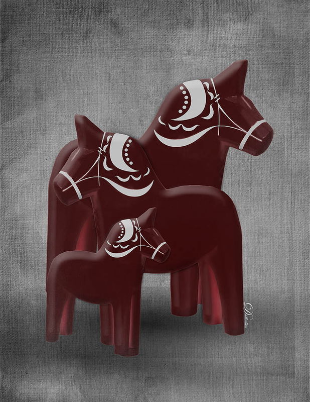 Tavla - Dalahästar i rött/vitt på grå bakgrund - Välj mellan fyra olika motiv