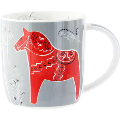 Mugg 37 cl - Dalahäst & Kurbits, Röd, vit, blå, grå