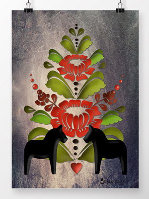 Canvastavla - Kurbits i färg med två dalahästar på stenvägg