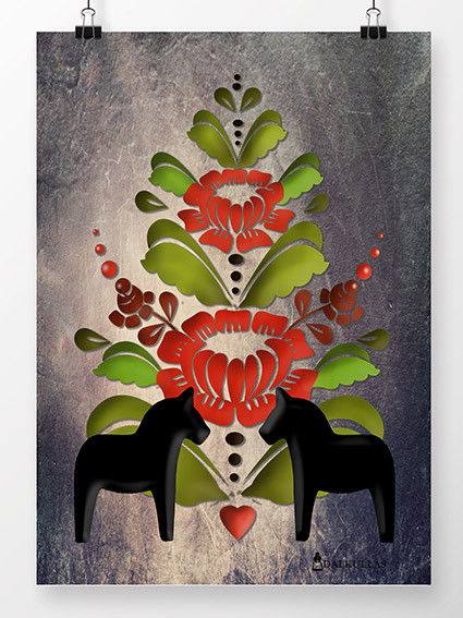 Canvastavla - Kurbits i färg med två dalahästar på stenvägg