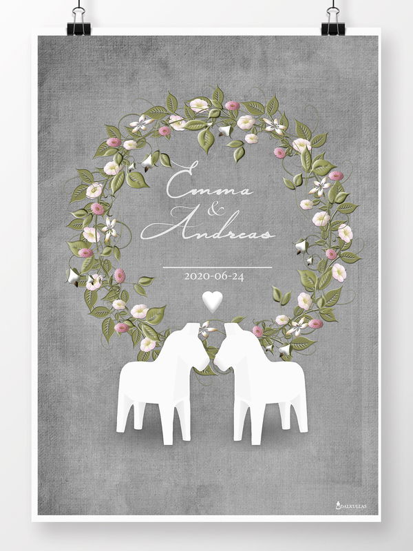 Bröllopstavla - Blomsterkrans och Dalahästar