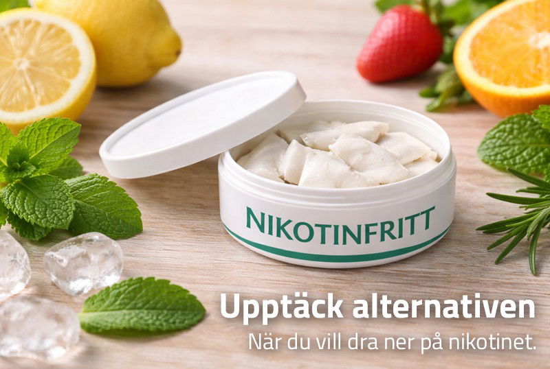 Bild med snusdosa som visar upp att det finns nikotinfria alternativ.