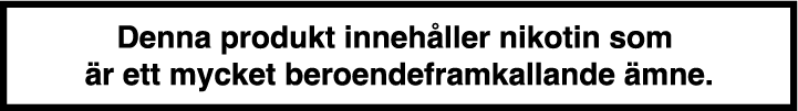 Vit banner med texten "Denna produkt innehåller nikotin som är ett mycket beroendeframkallande ämne"