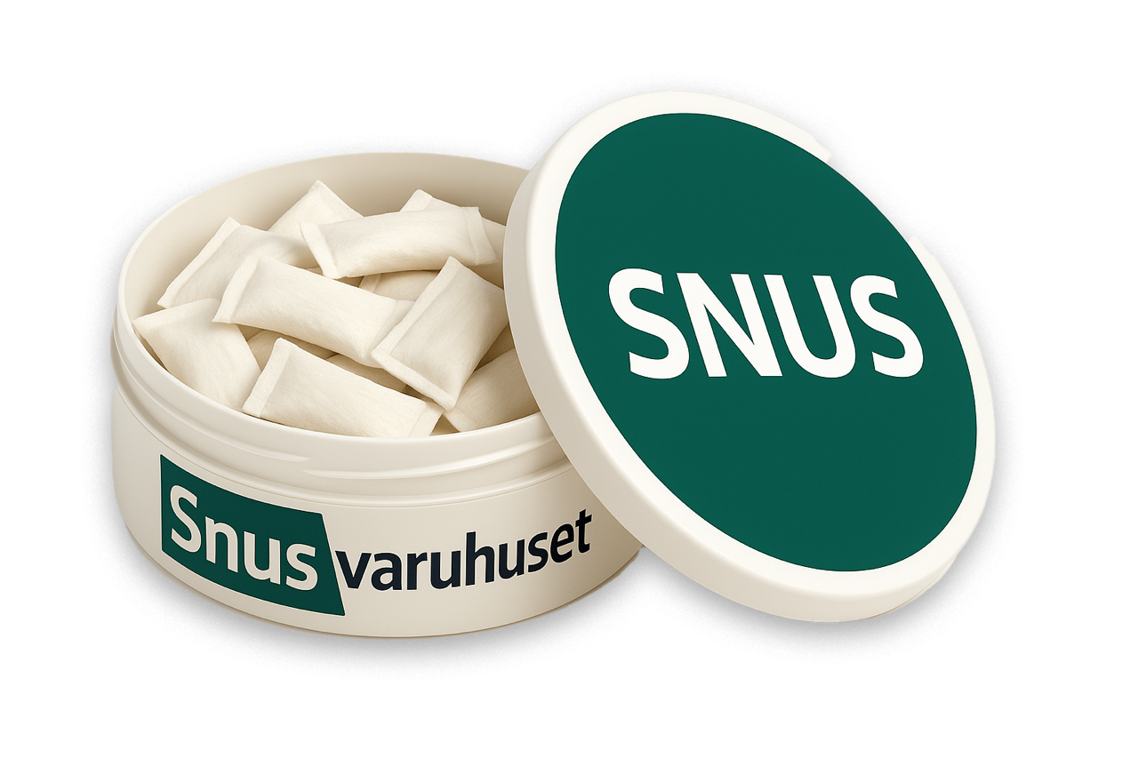 Vit snusdosa med Snusvaruhuset-logotyp fylld med nikotinpåsar och grönt lock som lutar mot dosan