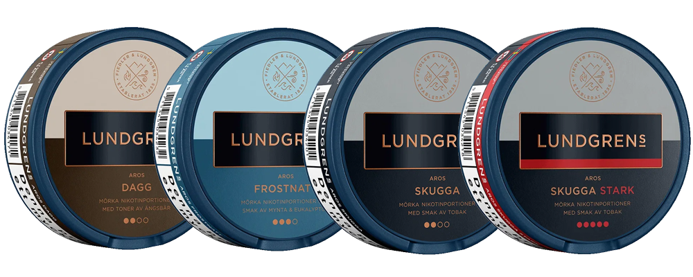 Bild föreställande olika snusdosor från snusvarumärket LUNDGRENs AROS