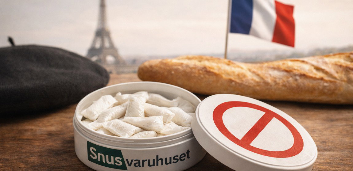 Bild med snusdosa innehållande vitt snus omgiven av en fransk flagga, Eiffeltornet, basker och baguette