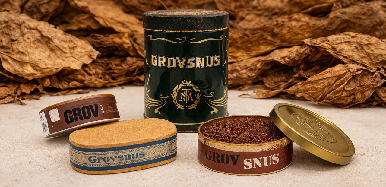 Bild på olika snusdosor och förpackningar för Grovsnus