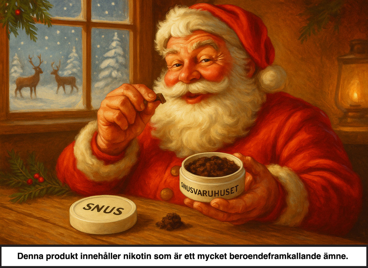 Glad klassisk tomte som lägger in en snusprilla