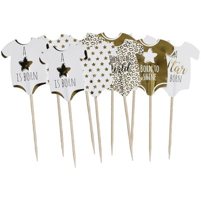 10 babybody-picks i vitt och guld med stjärnor, leopardmönster och babytexter