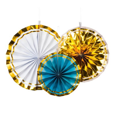 Pappersdekoration paperfan blå/vit/guld 3-pack