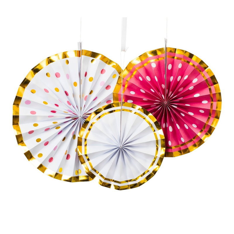 Pappersdekoration paperfan rosa/vit/guld 3-pack
