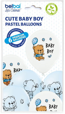 Belbal Cute Baby Boy – vita och ljusblå ballonger med nallemotiv, 6-pack