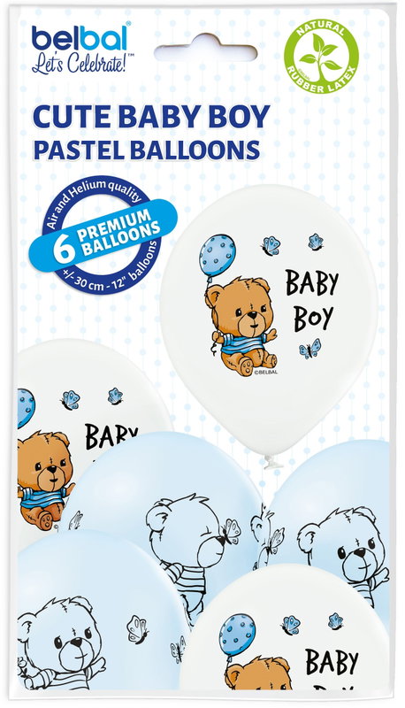 Belbal Cute Baby Boy – vita och ljusblå ballonger med nallemotiv, 6-pack