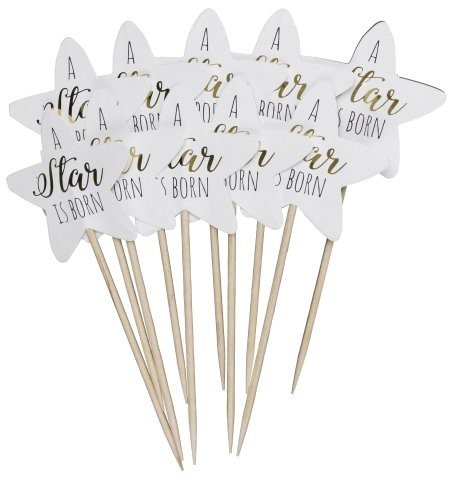 Vita stjärnformade cake picks med texten A star is born i guldmetallic, 10-pack