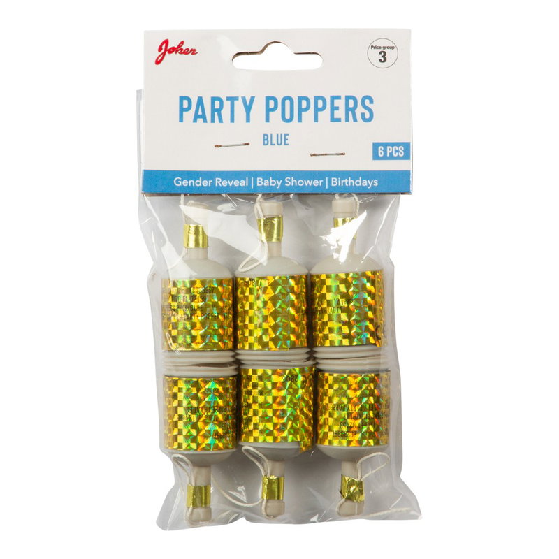 Joker Party Poppers Blue 6-pack med guldfärgade holografiska hylsor, artikel 70468