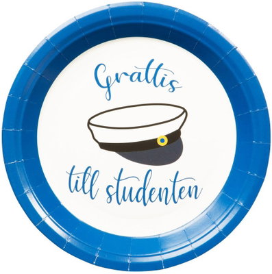 Blåvit papperstallrik med studentmössa och Grattis till studenten, 23 cm