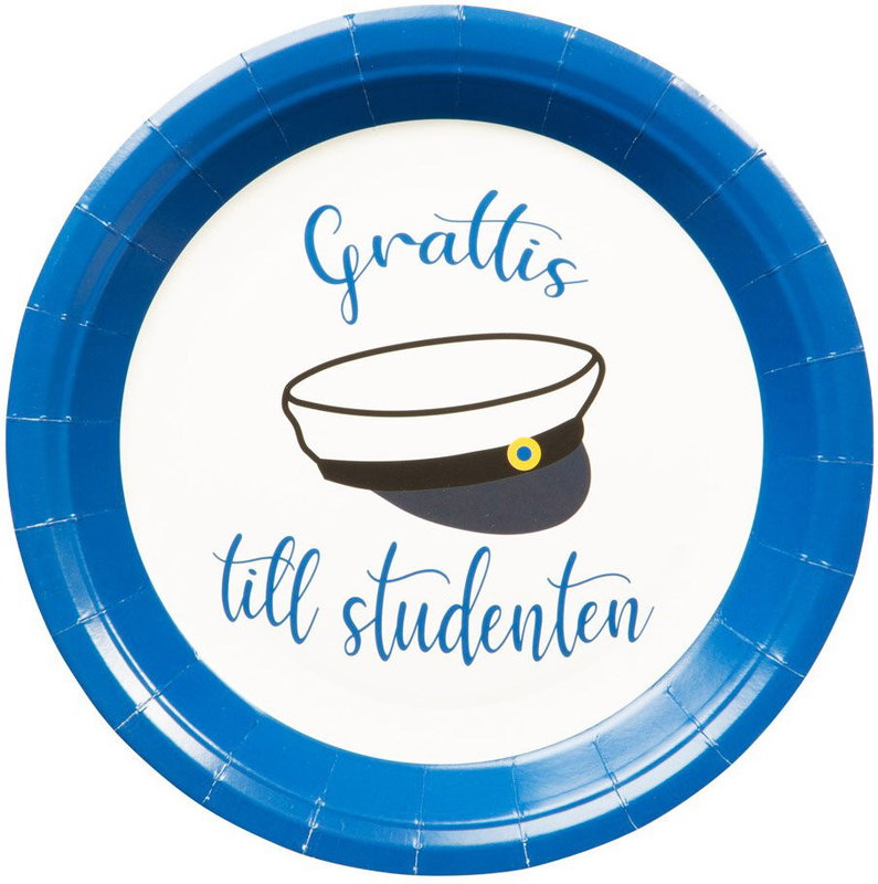 Blåvit papperstallrik med studentmössa och Grattis till studenten, 23 cm