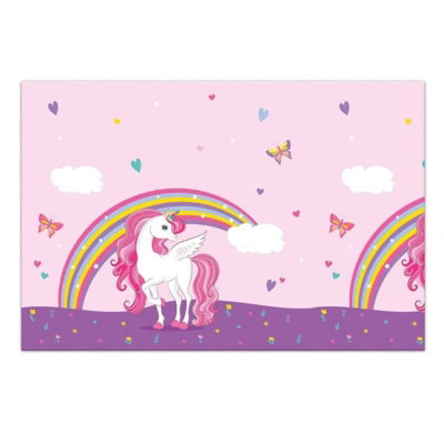 Rosa Unicorn Rainbow-bordsduk med enhörningar och regnbågar