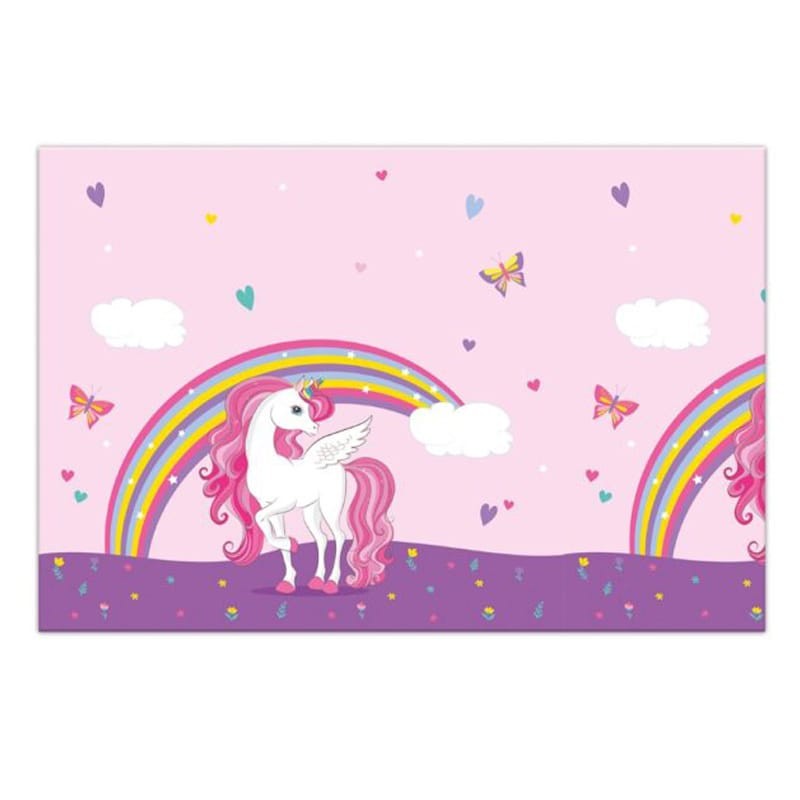 Rosa Unicorn Rainbow-bordsduk med enhörningar och regnbågar