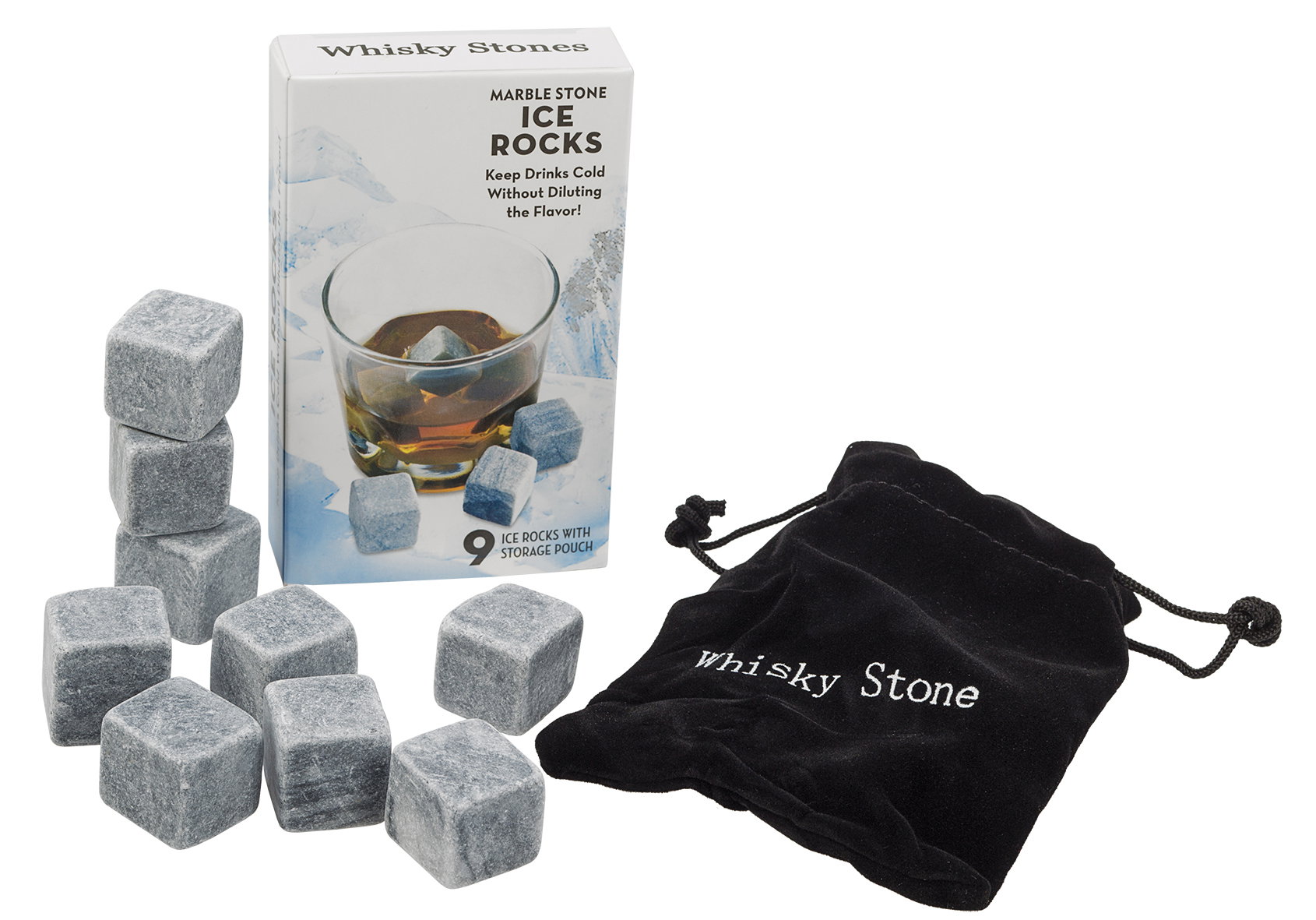Chilling Stones med nio whiskystenar och tygpåse