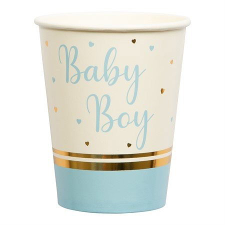 Vit Baby Boy-mugg med ljusblå text och nederdel, små hjärtan och dubbla guldränder