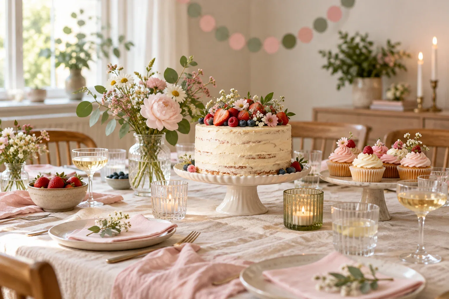 Ett varmt dukat festbord med tårta, cupcakes och blommor i rosa och gröna toner