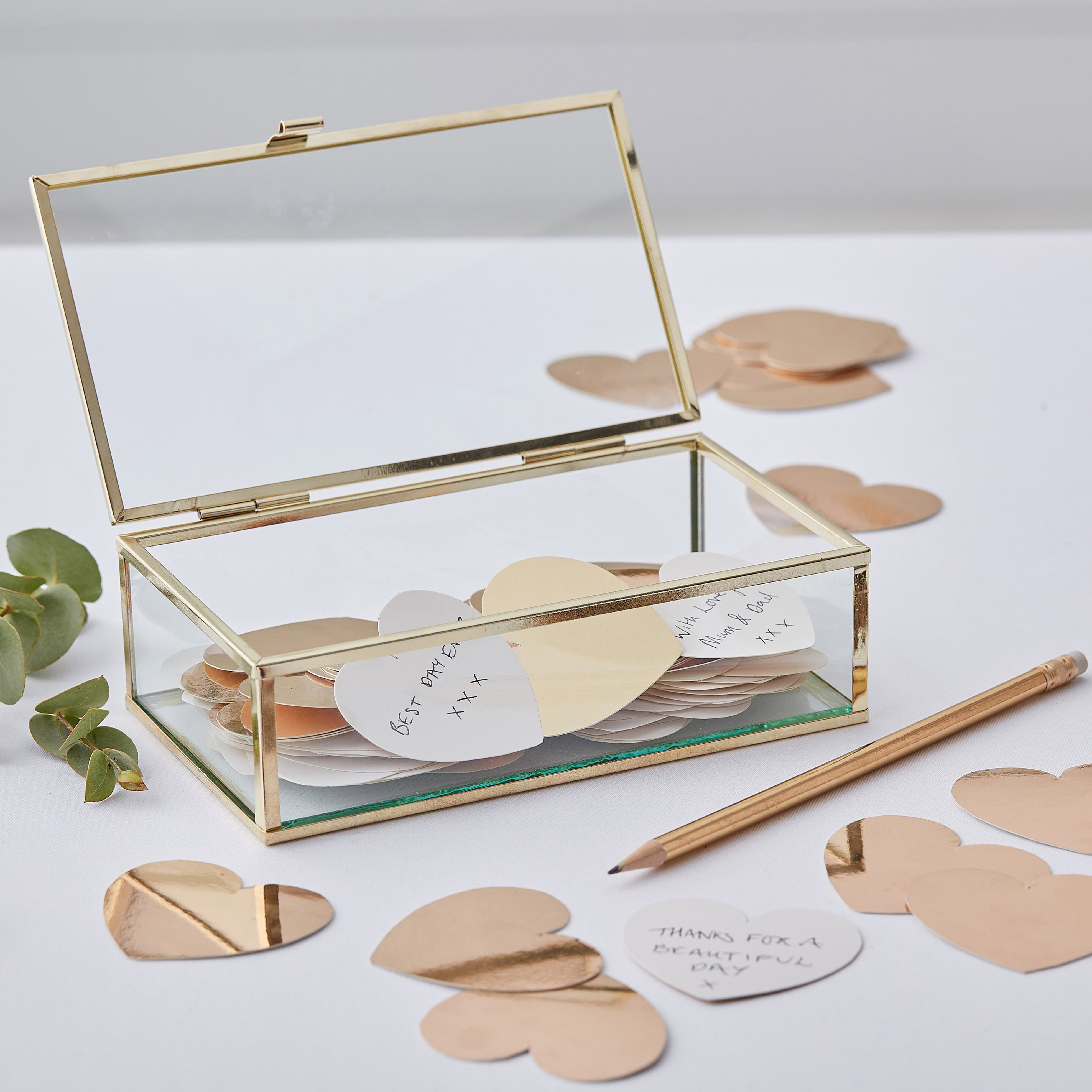 Gästbok - Glasbox med hjärtan - Gold Wedding