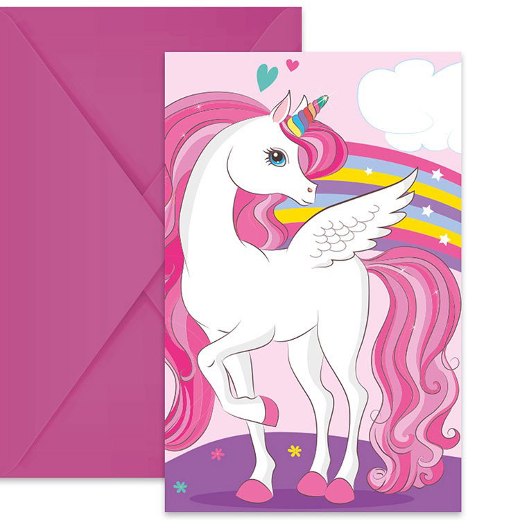 Inbjudningskort Unicorn Regnbåge – 6-pack