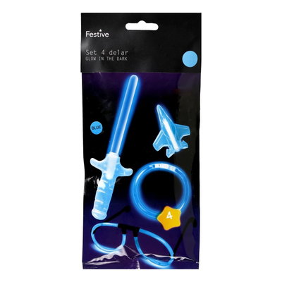 Blått glow-partyset med svärd, flygplan, armband och glasögon – 4 delar