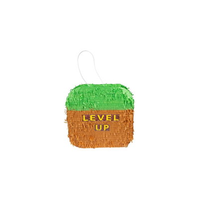 Grön och brun fransad piñata med texten Level Up