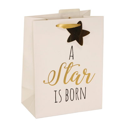 Presentpåse A star is born – vit/guld – 17,8 × 23,5 × 10 cm