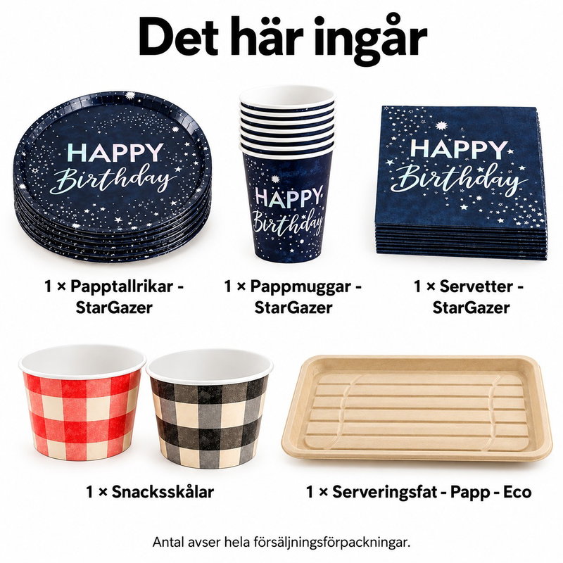 Stjärnskådningens fikapaus för åtta – mörkblå serveringsö – innehåll och antal försäljningsförpackningar