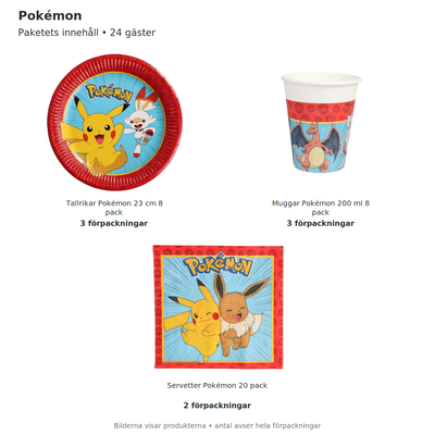 Pokémon – dukningspaket för 24 gäster – innehåll och antal