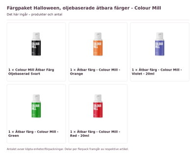 Färgpaket Halloween, oljebaserade ätbara färger - Colour Mill – innehåll och antal förpackningar
