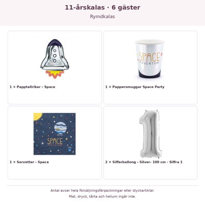 11-årskalas, Rymdkalas, kalaspaket, 6 gäster – innehåll och antal förpackningar