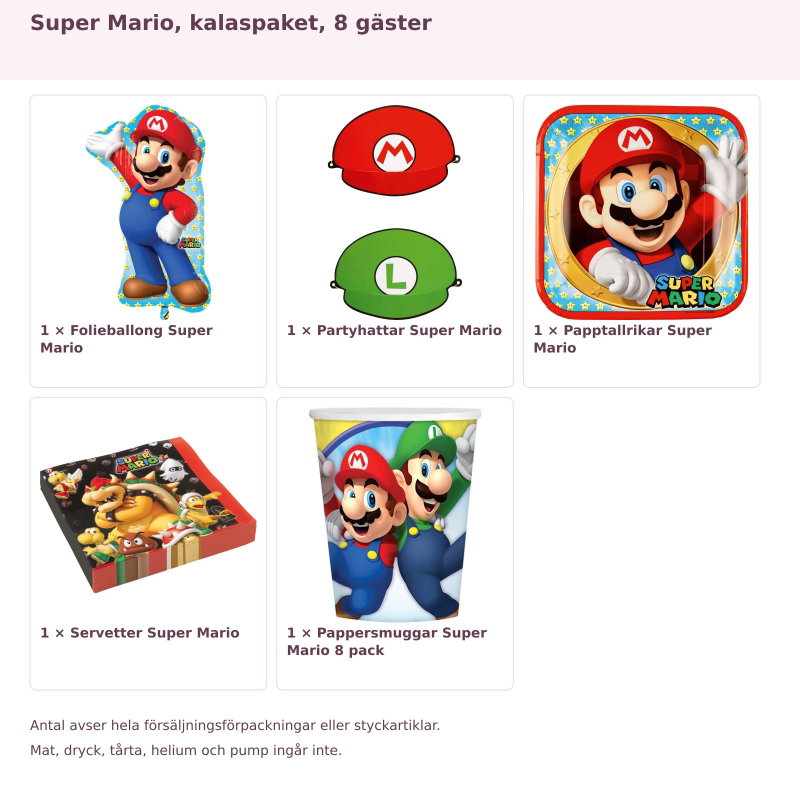 Super Mario, kalaspaket, 8 gäster – innehåll och antal förpackningar