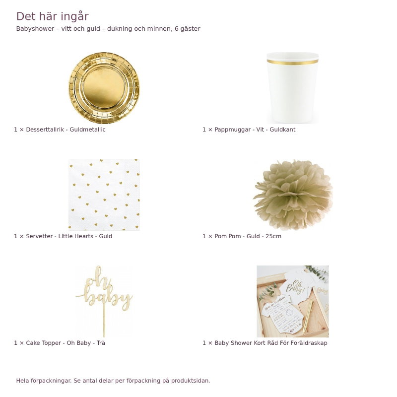 Babyshower – vitt och guld – dukning och minnen, 6 gäster – innehåll och antal förpackningar
