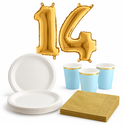 14-årskalas, Ljusblått och guld, kalaspaket, 6 gäster – paketets innehåll