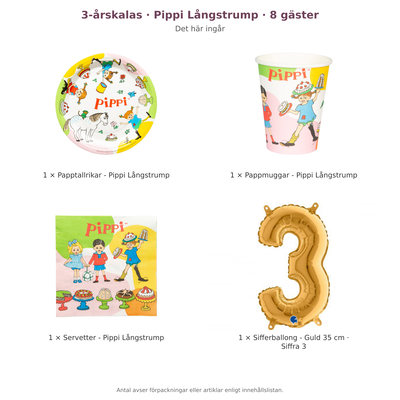3-årskalas, Pippi Långstrump, kalaspaket, 8 gäster – innehåll och antal förpackningar