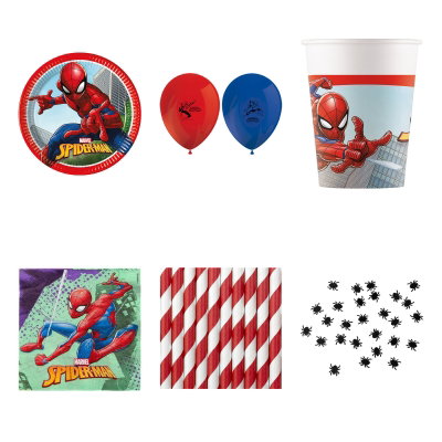 Spiderman, kalaspaket med dukning och dekorationer, 16 gäster – översikt av ingående produkttyper