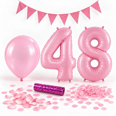48-års festpaket, Rosa, Stor – paketets dekorationer på vit bakgrund