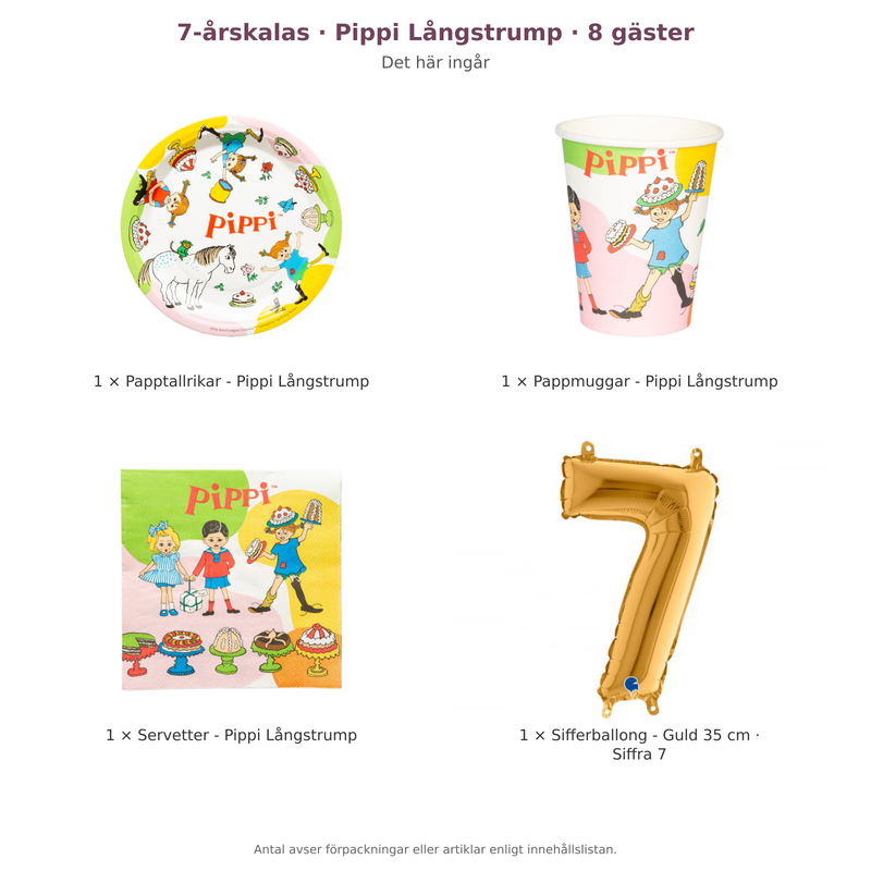 7-årskalas, Pippi Långstrump, kalaspaket, 8 gäster – innehåll och antal förpackningar