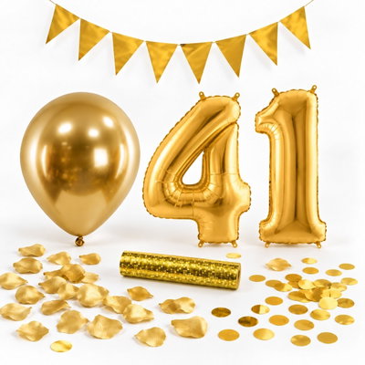 41-års festpaket, Guld, Stor – paketets dekorationer på vit bakgrund