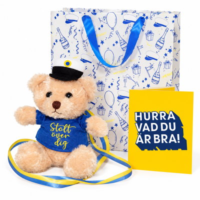 Studentpresent – en nalle, ett gratulationskort och presentpåse – paketöversikt