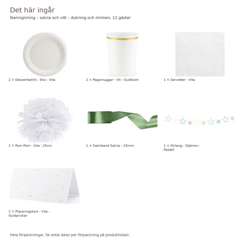 Namngivning – salvia och vitt – dukning och minnen, 12 gäster – innehåll och antal förpackningar