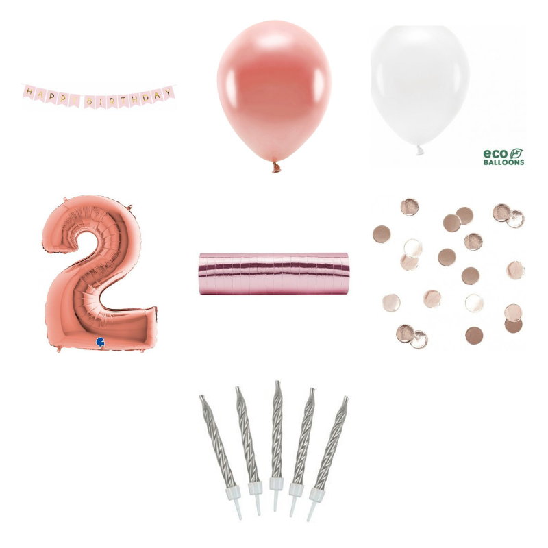 2-årskalas, dekorationspaket, Roséguld – översikt av ingående produkttyper