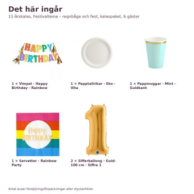 11-årskalas, Festivaltema – regnbåge och fest, kalaspaket, 6 gäster – innehåll och antal, sifferballong 100 cm