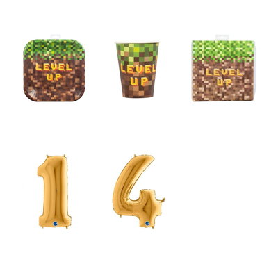 14-årskalas, Minecraft-kalas, kalaspaket, 8 gäster – paketets produkter med sifferballong 100 cm